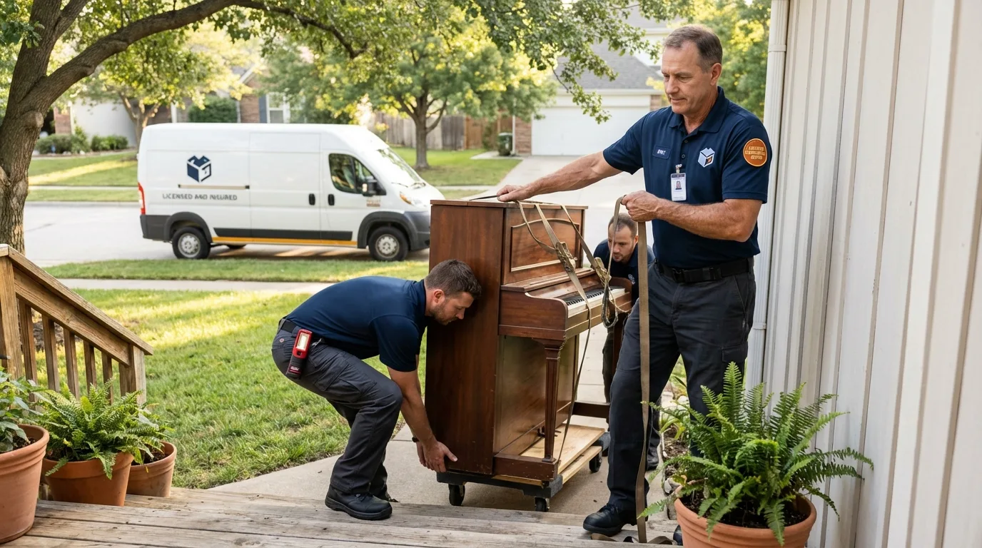Licensed piano movers securing grand piano in Maryville, MO