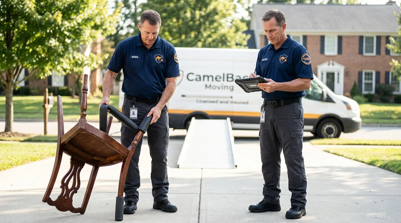 Movers inspecting furniture for damage prevention before loading in Maryville, MO